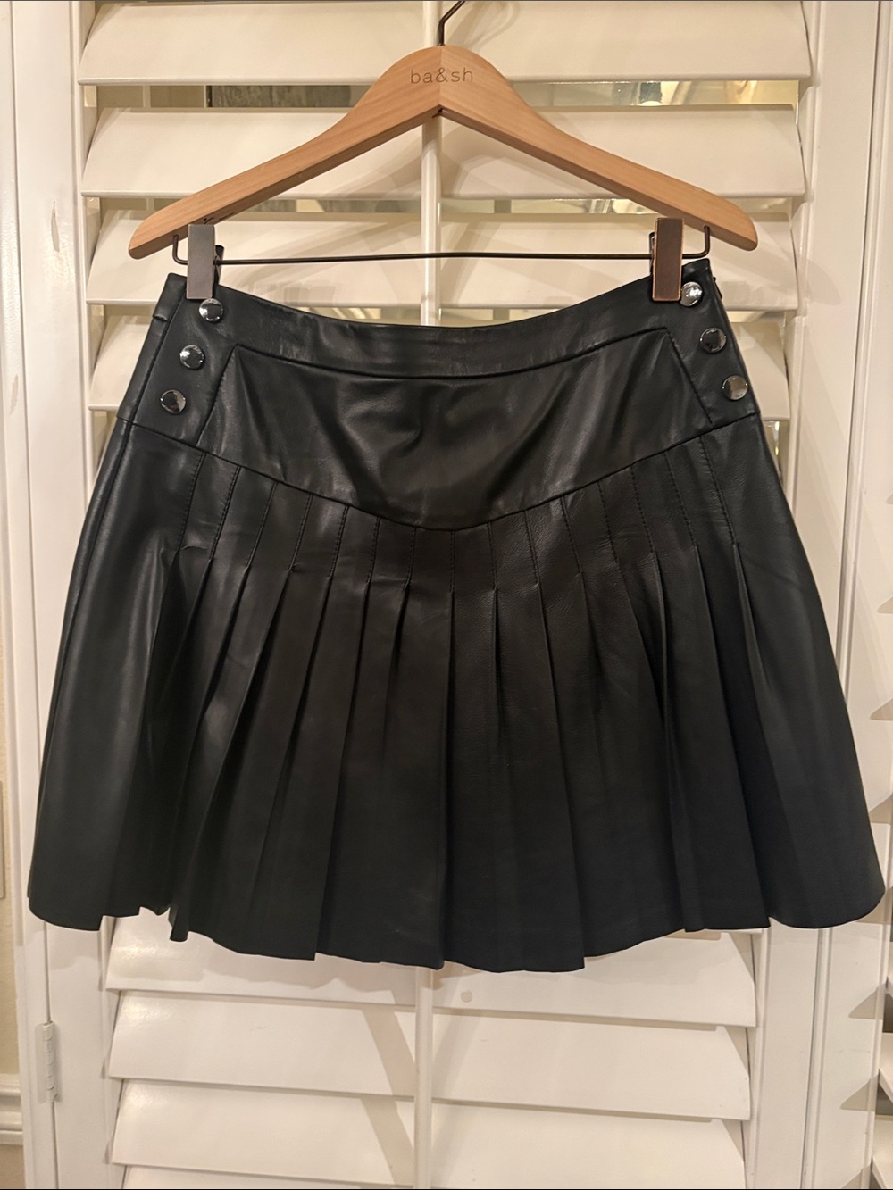 Maje Black Pleated Faux Leather Circle Skirt with Button Detail